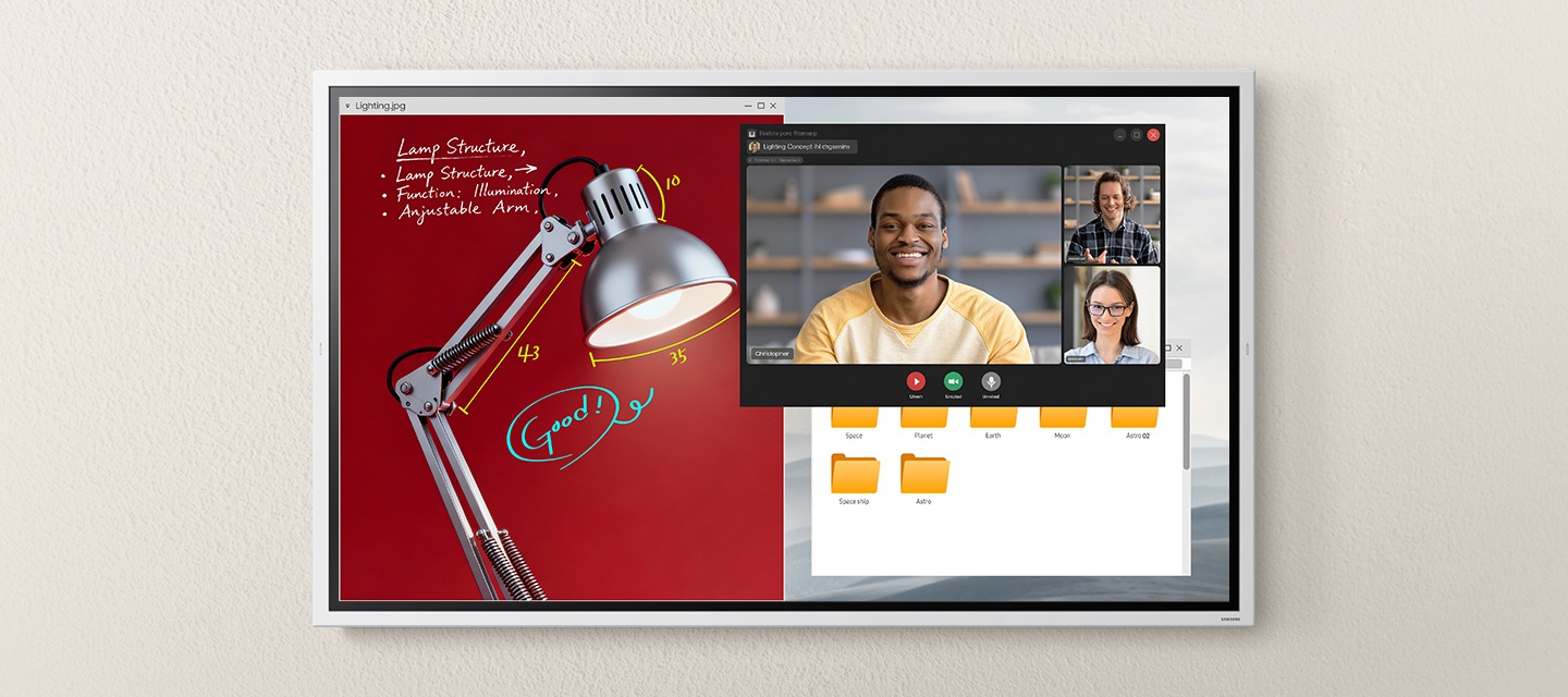 Fip Pro 전자칠판 화면 하나에 Zoom 회의 화면, 폴더 검색 화면, 이미지 작업 화면이 동시에 디스플레이 되어 있습니다.