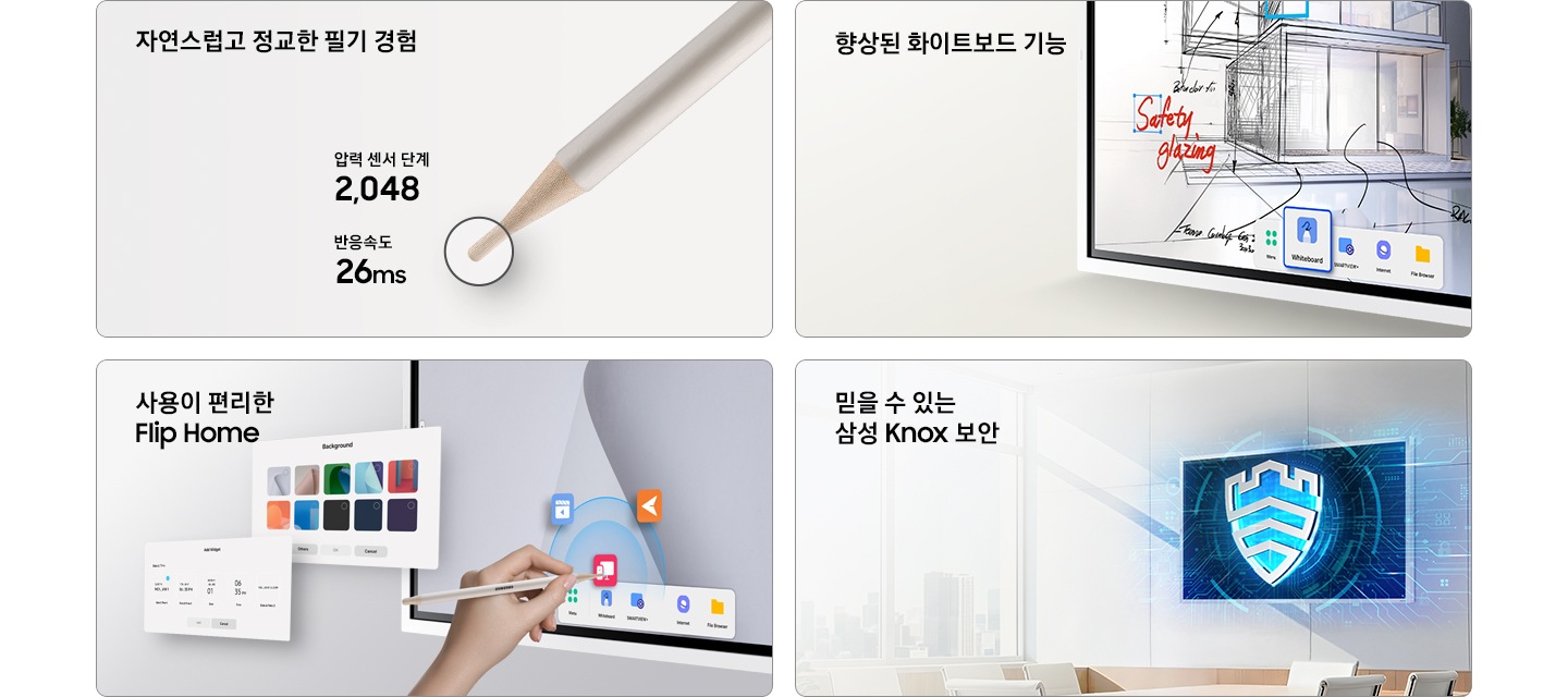총 4개의 주요 특장점을 이미지와 함께 보여주고 있습니다. 왼쪽 상단부터 시계 방향으로 펜이미지와 압력센서 단계 2048, 반응속도 26ms를 표기하고 있고 상단에는 자연스럽고 정교한 필기 경험 이라는 타이틀이 있습니다. 두번째는 전자칠판의 화면을 확대해 보여주며 향상된 화이트보드 기능 이라는 타이틀이 있습니다. 세번째는 벽면에 설치된 전자칠판 위로 녹스 로고가 있으며, 믿을 수 있는 삼성 Knox 보안 이라는 타이틀이 있습니다. 마지막 이미지는 Flip Pro 전자칠판 화면에 필기 중인 손의 모습과함께 사용이 편리한 Flip Home 이라는 타이틀이 있습니다.