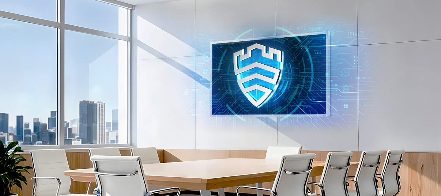 대형 회의실 정면 벽에 Flip Pro 전자칠판이 설치되어 있는 모습입니다. Flip Pro 화면 위로 Knox 로고가 마치 제품을 보호하고 있는 것처럼 연출되어 있습니다.