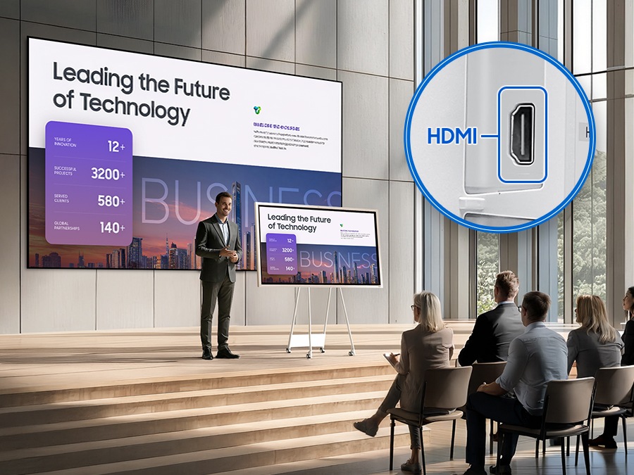 강연장에서 장연중인 남성의 왼쪽으로 Fip Pro 전자칠판이 있고 전자칠판의 화면이 남성의 뒤에 있는 대형 스크린에 동시 송출되는 모습입니다. 전자칠판 HDMI 포트로 동시 화면 연결이 가능한 것을 나타내고 있습니다.