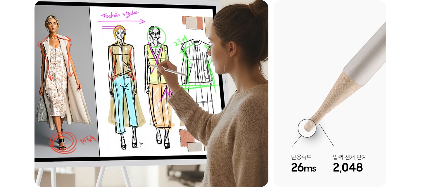 왼쪽에는 Fip Pro 전자칠판 화면에 의산 디자인 스케치 중인 여성의 모습이 있으며, 오른쪽에는 펜촉 부분을 확대하여 반응속도 26ms, 압력 센서 단계 2048 수치를 표기해 보여주고 있습니다.