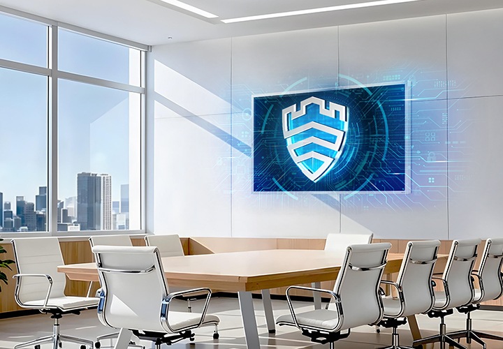 대형 회의실 정면 벽에 Flip Pro 전자칠판이 설치되어 있는 모습입니다. Flip Pro 화면 위로 Knox 로고가 마치 제품을 보호하고 있는 것처럼 연출되어 있습니다.