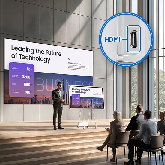 강연장에서 장연중인 남성의 왼쪽으로 Fip Pro 전자칠판이 있고 전자칠판의 화면이 남성의 뒤에 있는 대형 스크린에 동시 송출되는 모습입니다. 전자칠판 HDMI 포트로 동시 화면 연결이 가능한 것을 나타내고 있습니다.