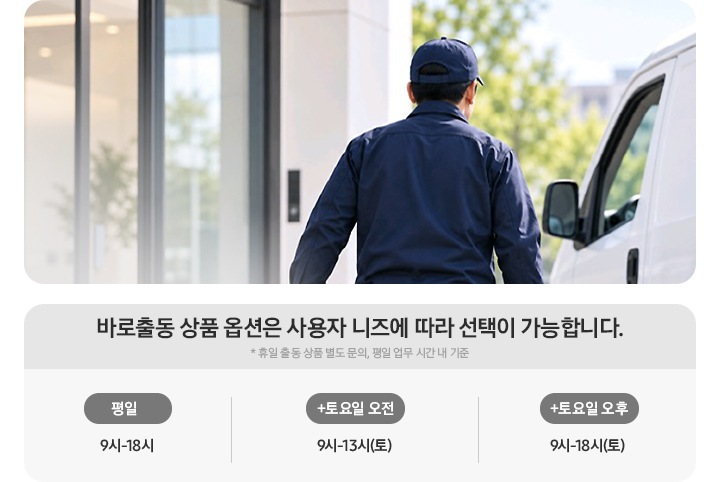 출동하는 사람의 모습과 상품별 무상보장 범위 상품에 따라 수리 시 비용 보장의 범위가 달라집니다. (고객 과실 및 소모품 비용 등 일부제외) 문구와 함께 출장비 설명이 있습니다. 출장 공임비, 수리를 위한 출방비 및 공김비 보장, +일반 부품 출장 공임비를 포함, 수리에 필요한 일반부품 비용 보장, +핵심부품 출장 공임비, 일반 부품 포함, 핵심부품까지 비용 보장(콜프레셔)