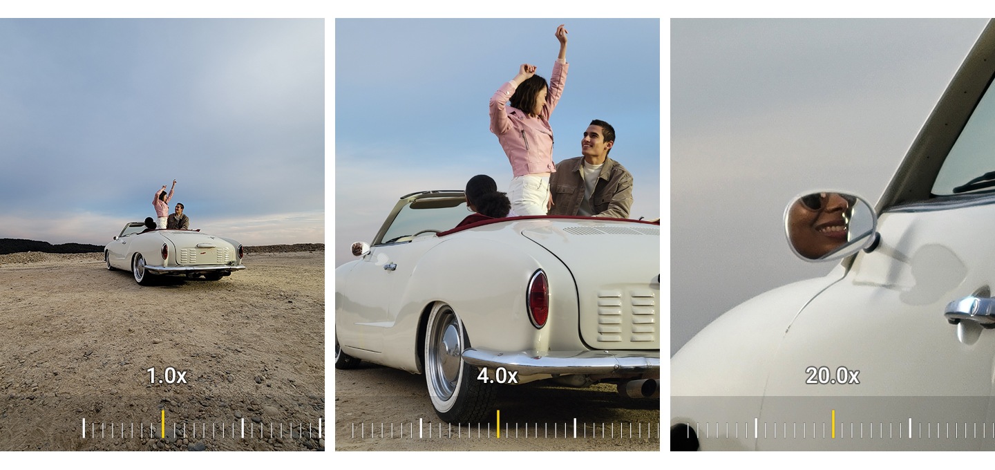 멀리 떨어져 있는 차량과 함께 뒷좌석에 앉아 있는 커플의 모습이 보입니다. 한 번 확대하자 운전석에 앉아 있는 사람이 보입니다. 30배까지 확대하자 사이드 미러에 비친 웃고 있는 모습이 보입니다.