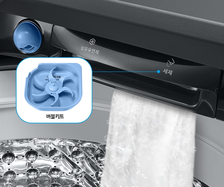 세탁기에서 섬유유연제와 세제투입부에서 버블을 만들어 내는 이미지가 보입니다. 버블키트가 줌인되어있는데 모양은 파란색 플라스틱 작은 통안엔 톱니바퀴와 같은 버블키트가 있습니다. 전체적인 이미지는 세탁기 내부를 보여주고 있습니다