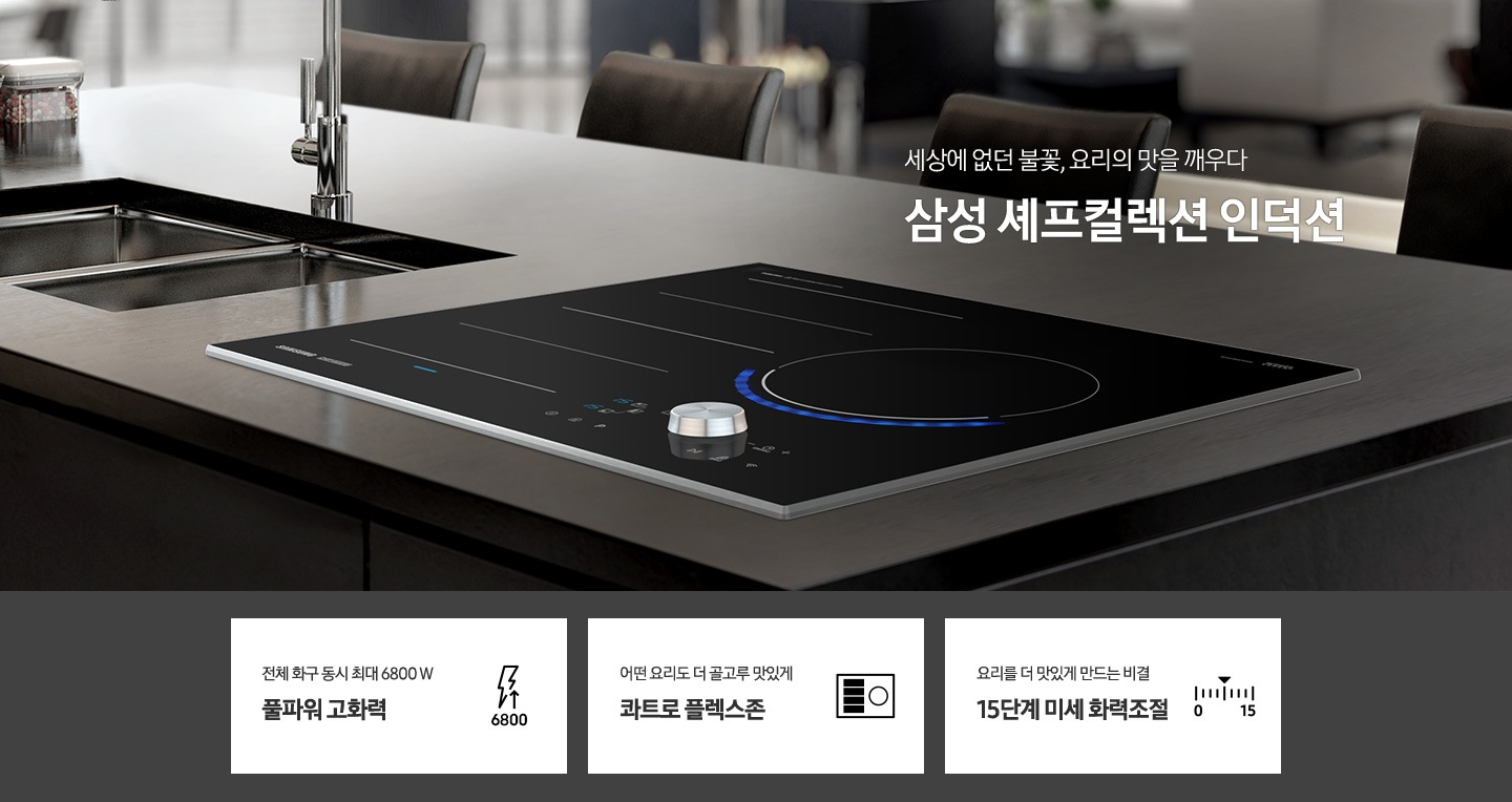 뒤로 거실이 보이는 주방 조리대 위에 빌트인 방식으로 설치된 전기레인지가 있는 모습입니다.