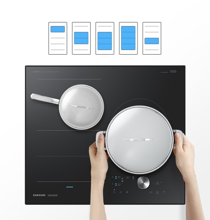 전기레인지를 위에서 내려다보는 모습으로 왼쪽 플렉스존에는 작은 편수 냄비가 있으며, 오른쪽 플렉스존에는 큰 양수냄비를 손으로 얹고 있는 모습입니다.