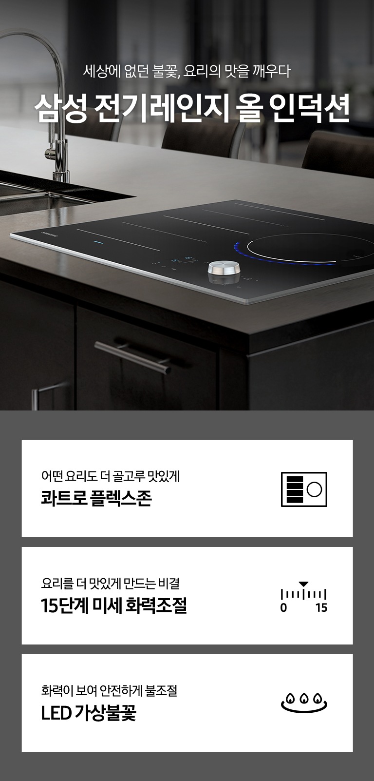 주방에 빌트인된 전기레인지가 보이고 아래 풀파워 고화력, 콰트로 플렉스존, 15단계 미세 화력조절을 나타내는 아이콘과 텍스트가 보여집니다.