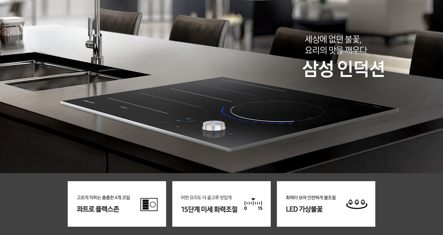 주방에 빌트인된 전기레인지가 보이고 아래 풀파워 고화력, 콰트로 플렉스존, 15단계 미세 화력조절을 나타내는 아이콘과 텍스트가 보여집니다.