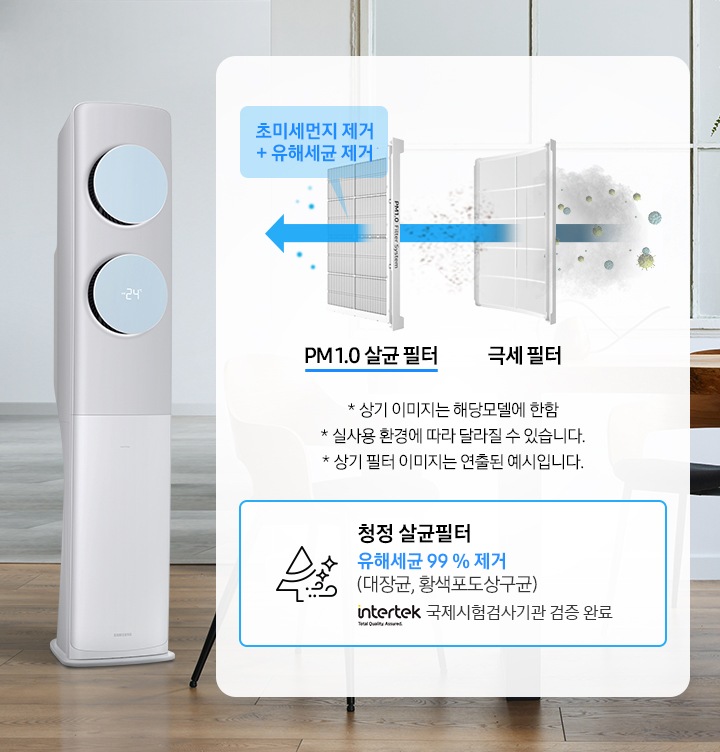 제품 내부 필터 2가 밖으로 나와있으며 각 필터의 시스템을 설명해주고 있습니다. PM1.0 필터/극세필터로 먼지를 걸러내는 모습이 보입니다.