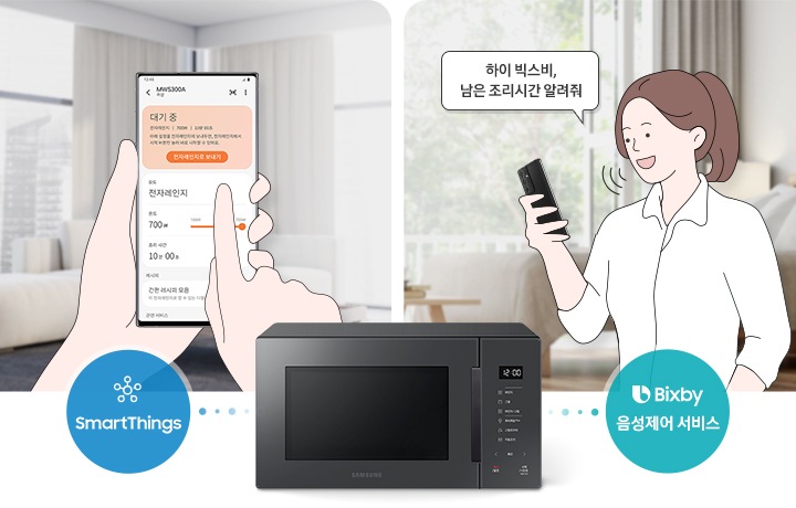 이미지 중앙 하단에는 Bespoke 전자레인지 23L (스마트 쿡) 글램 차콜이 있고, 그 위로 좌측에는 파란색 원안에 SmartThings 로고가 우측에는 초록색 원안에 Bixby 음성제어 서비스 로고가 있습니다. 이미지 좌측에는 스마트폰을 들고 있는 손이 있으며, 화면안에는 MW5300A 제품 컨트롤 화면으로 대기 중인 상태와 전자레인지 모드 온도 700W 조리시간 10분으로 설정된 것을 알 수 있는 화면이 있습니다. 이미지 우측에는 스마트폰을 들고 있는 사람의 일러스트가 있고 일러스트 옆으로 하이 빅스비, 남은 조리시간 알려줘 라고 써진 말풍선이 있습니다.