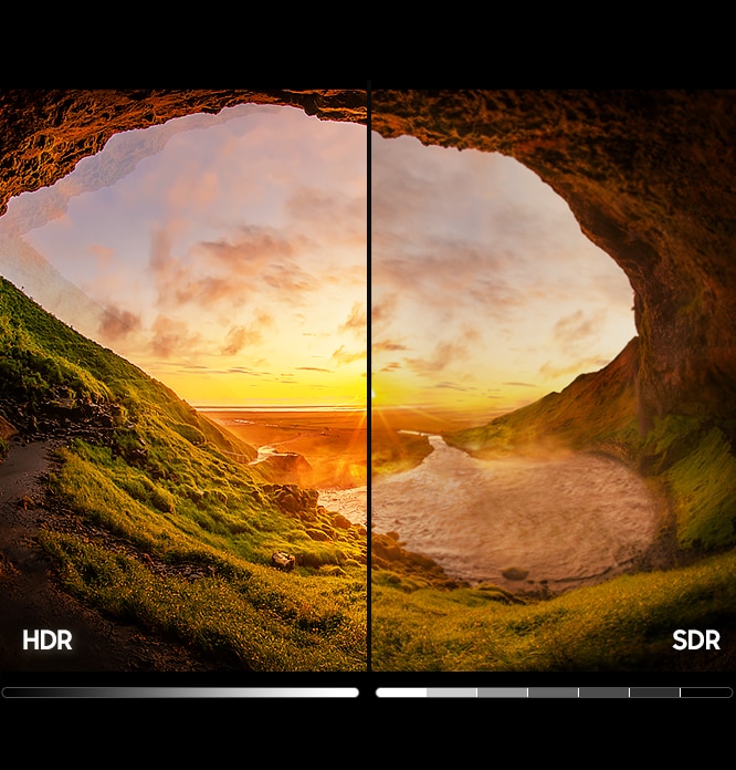 TV 베젤안에 노을이 진 동굴이 보입니다. 좌 : HDR 화면의 이미지는 색상이 밝게 보입니다. 우 : SDR 화면의 이미지는 색상이 어둡게 보입니다.