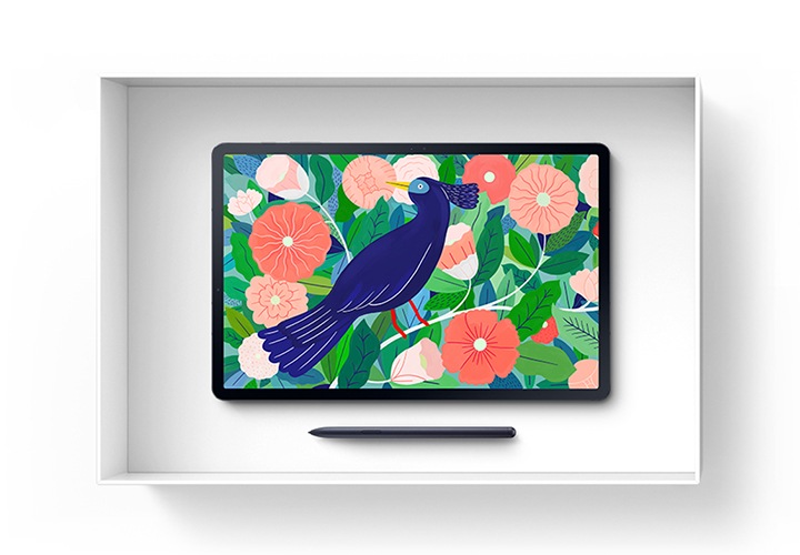 갤럭시 탭 S7+와 S펜이 박스에 놓여져있습니다. 탭에는 일러스트로 그린 새와 꽃이 있습니다. 빨강색, 파랑색의 많은 꽃과 잎사귀가 그려져 있고 남색의 새가 중앙에 위치해 있습니다.