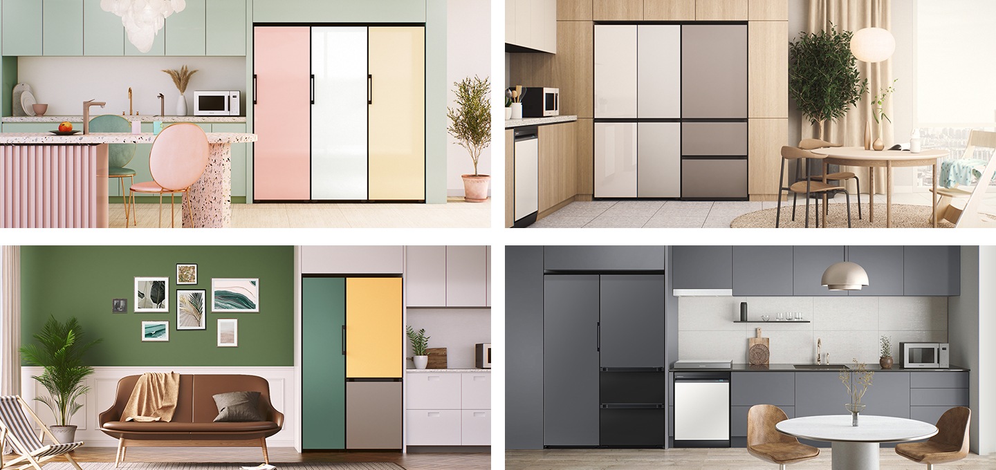 인테리어 이미지 4개가 있습니다. 첫번째는 1도어 글램 핑크, 글램 화이트, 글램 바닐라가 페어로 되어있는 이미지며 인테리어컷은 연두색톤과 핑크색톤으로 구성되어있습니다. 연두색 상하부장 오른쪽에 김치냉장고가 배치되어있으며, 상하부장 앞에는 분홍색 식탁과 연두색, 분홍색 의자가 마주보고 있습니다. 두번째는 베이지 화이트톤의 인테리어컷에 4도어 냉장고, 3도어 김치냉장고가 있습니다. 우드톤의 상하부장 중앙에 냉장고 4도어 + 김치냉장고 3도어 페어 제품이 있으며 오른쪽에는 베이지 커튼, 그 앞에 베이지톤의 테이블과 조금 더 진한 베이지톤의 의자가 있습니다. 세번째는 그린, 화이트톤의 인테리어컷에 와인 냉장+2도어 김치냉장고가 페어로 배치되어있으며 오른쪽에는 갈색 쇼파가 있습니다. 왼쪽에는 하얀색 상하부장이 있으며 상하부장 제일 왼쪽 끝에 와인+김냉 제품이 있습니다. 네번째는 그레이, 화이트톤의 인테리어컷에 1도어 냉장+3도어 김치냉장고가 페어로 배치되어있으며 그레이톤의 상하부장 제일 왼쪽 끝에 1도어 냉장 + 3도어 김치냉장고 제품이 배치되어 있습니다. 상하부장 앞에는 화이트톤의 테이틀이 놓여있으며, 테이틀 양 끝에 우드톤 의자가 나열 되어있습니다.