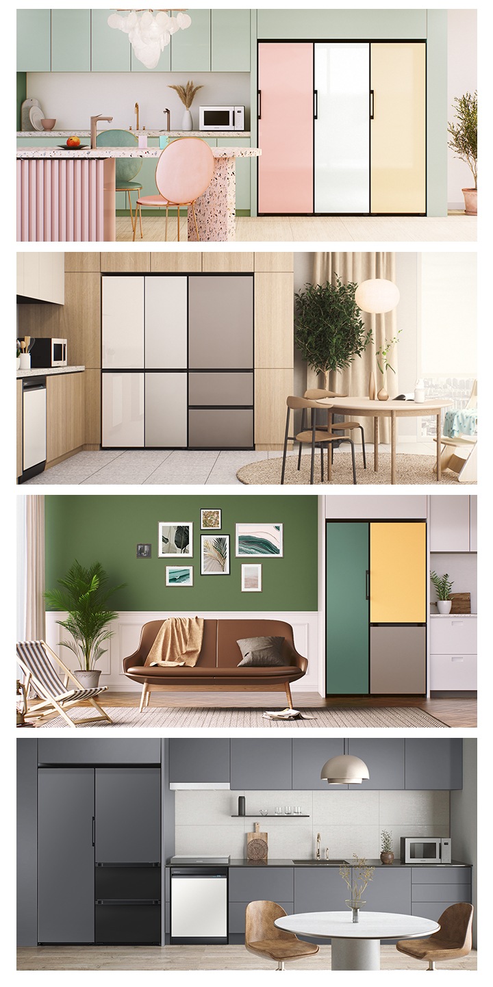 인테리어 이미지 4개가 있습니다. 첫번째는 1도어 글램 핑크, 글램 화이트, 글램 바닐라가 페어로 되어있는 이미지며 인테리어컷은 연두색톤과 핑크색톤으로 구성되어있습니다. 연두색 상하부장 오른쪽에 김치냉장고가 배치되어있으며, 상하부장 앞에는 분홍색 식탁과 연두색, 분홍색 의자가 마주보고 있습니다. 두번째는 베이지 화이트톤의 인테리어컷에 4도어 냉장고, 3도어 김치냉장고가 있습니다. 우드톤의 상하부장 중앙에 냉장고 4도어 + 김치냉장고 3도어 페어 제품이 있으며 오른쪽에는 베이지 커튼, 그 앞에 베이지톤의 테이블과 조금 더 진한 베이지톤의 의자가 있습니다. 세번째는 그린, 화이트톤의 인테리어컷에 와인 냉장+2도어 김치냉장고가 페어로 배치되어있으며 오른쪽에는 갈색 쇼파가 있습니다. 왼쪽에는 하얀색 상하부장이 있으며 상하부장 제일 왼쪽 끝에 와인+김냉 제품이 있습니다. 네번째는 그레이, 화이트톤의 인테리어컷에 1도어 냉장+3도어 김치냉장고가 페어로 배치되어있으며 그레이톤의 상하부장 제일 왼쪽 끝에 1도어 냉장 + 3도어 김치냉장고 제품이 배치되어 있습니다. 상하부장 앞에는 화이트톤의 테이틀이 놓여있으며, 테이틀 양 끝에 우드톤 의자가 나열 되어있습니다.