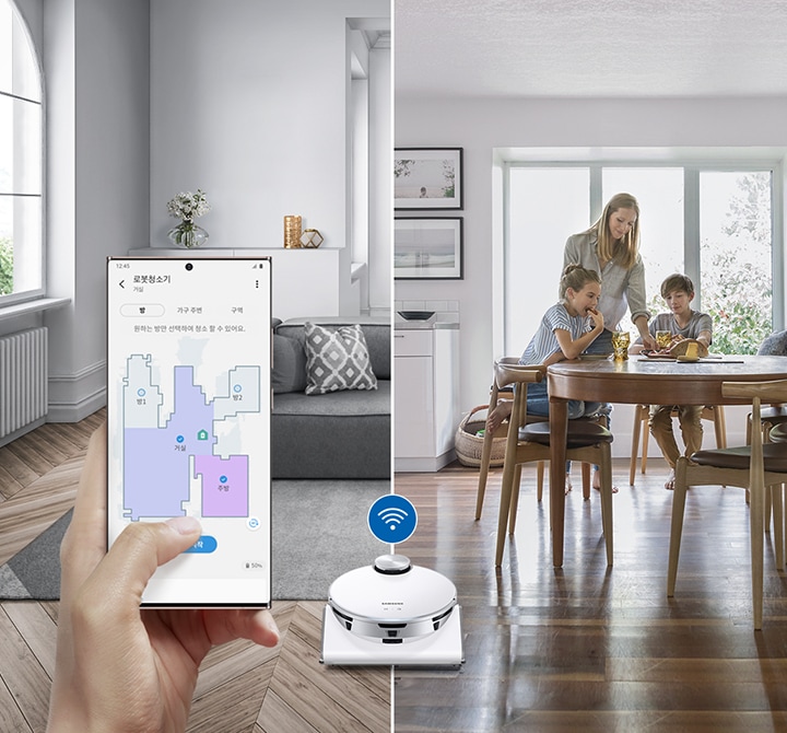 집 안에 제트 봇이 청소를 하고 있고 전용 앱의 스마트컨트롤 기능을 통해 제어하는 장면을 연출하였습니다.  화면 오른족에는 원형 테이블에 아이 둘과 여성 한 명이 자유롭게 시간을 보내고 있으며 왼쪽에는 앱 화면이 떠 있어 전용 앱을 사용하고 있습니다.
