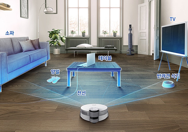 제트 봇의 AI 자율 주행 기술로 거실의 다양한 사물들을 인식하는 연출의 장면입니다. 모던한 인테리어의 거실에 소파와 탁자, TV가 차례로 보입니다. 그 중 탁자 위에는 충전 선이 길게 늘어진 노트북이 놓여져 있고 바닥에는 양말과 강아지 밥그릇이 놓여 있습니다. 가상의 센서 불빛이 다양한 사물을 스캔하고 있습니다.
