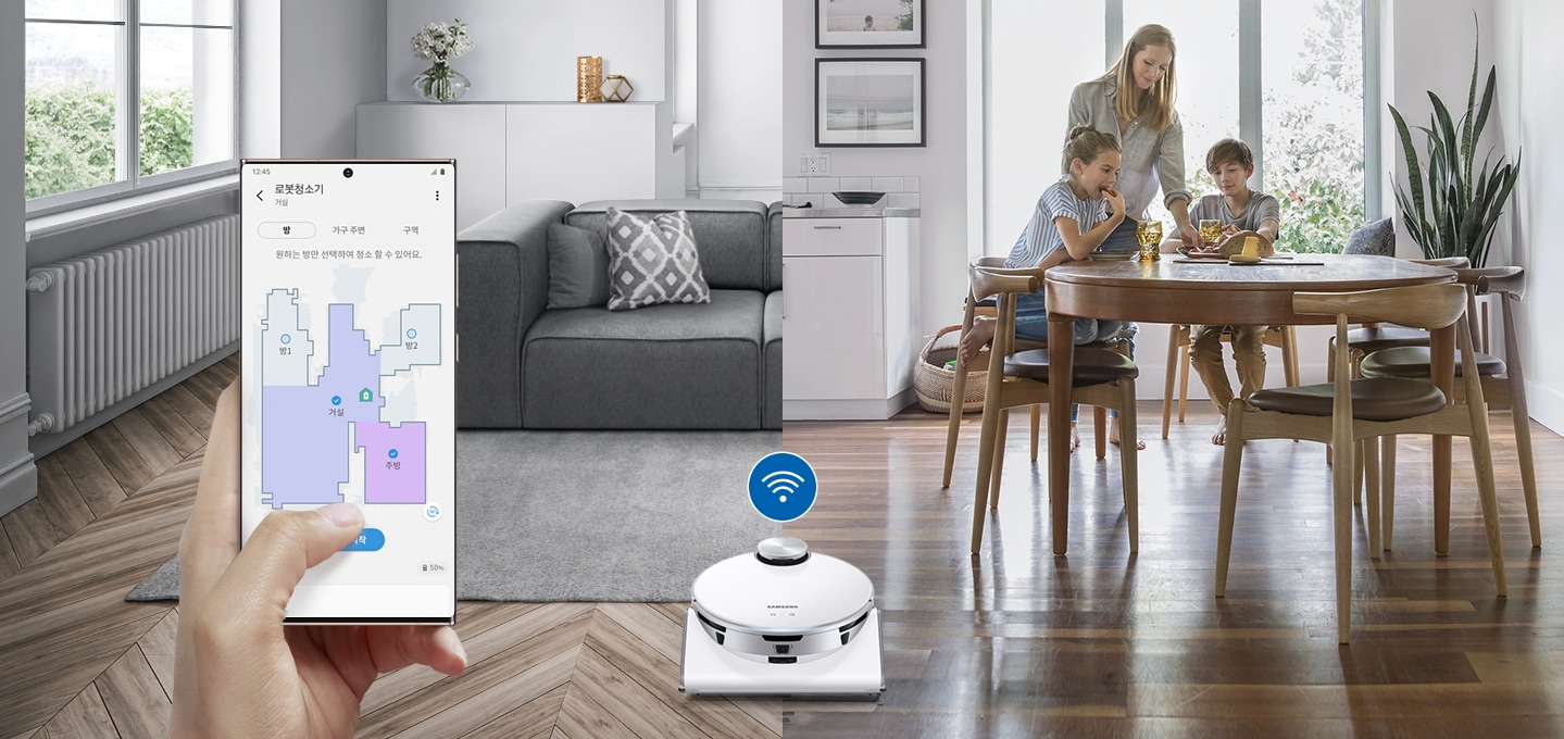 집 안에 제트 봇이 청소를 하고 있고 전용 앱의 스마트컨트롤 기능을 통해 제어하는 장면을 연출하였습니다.  화면 오른족에는 원형 테이블에 아이 둘과 여성 한 명이 자유롭게 시간을 보내고 있으며 왼쪽에는 앱 화면이 떠 있어 전용 앱을 사용하고 있습니다.
