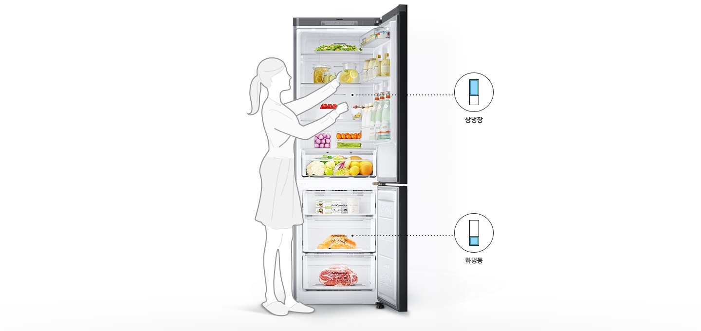 실내에 놓인 냉장고의 상하칸 도어가 열려있고 상칸과 하칸에 상냉장, 하냉동이라는 문구와 아이콘이 보여집니다.