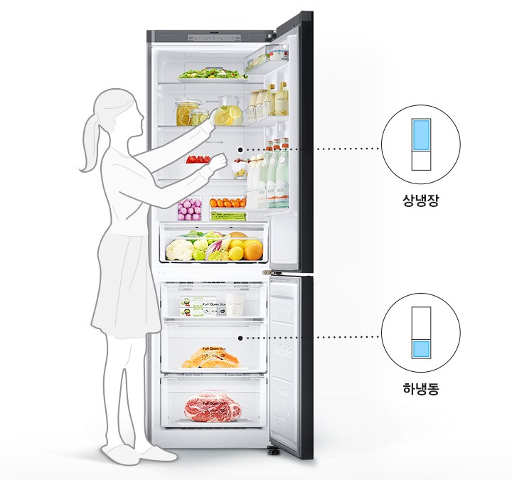 실내에 놓인 냉장고의 상하칸 도어가 열려있고 상칸과 하칸에 상냉장, 하냉동이라는 문구와 아이콘이 보여집니다.