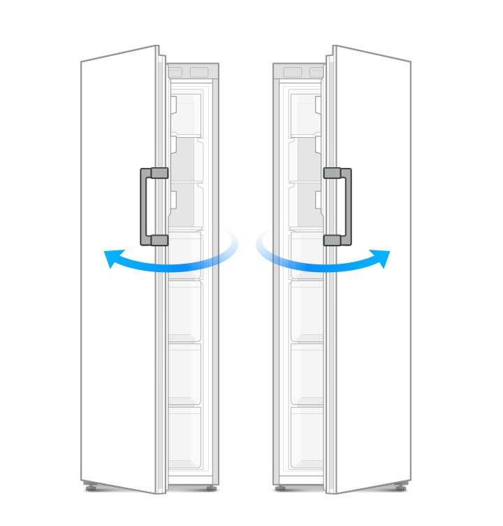 좌열림, 우열림 모델 냉동고가 살짝 오픈된 일러스트 컷이 나와있고 각 개폐방향으로 파란색 화살표가 표시되어 있습니다.