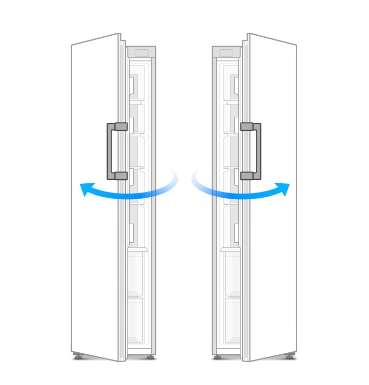 좌열림, 우열림 모델 냉동고가 살짝 오픈된 일러스트 컷이 나와있고 각 개폐방향으로 파란색 화살표가 표시되어 있습니다.