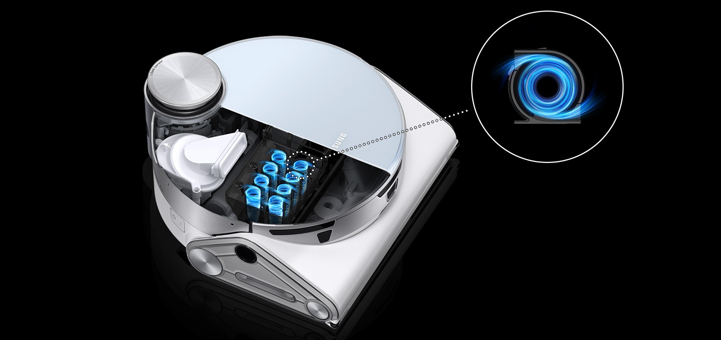 제트 봇을 위에서 대각선으로 바라본 모습입니다. 기기 상부의 반 정도를 엑스레이처럼 안이 들여다 보이게 연출하여 8개의 싸이클론 구조 흡입 모터를 표현하고 있습니다. 마치 소용돌이가 치는 듯한 모양으로 공기가 회전하는 듯한 효과를 표현했습니다. 