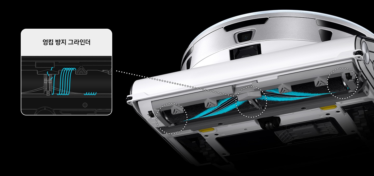 제트 봇의 하단 모습과 소프트 마루 브러시가 강조되어 보입니다. 왼쪽 상단에는 엉킴 방지 그라인더의 구조를 한눈에 보여주는 그림이 있습니다.