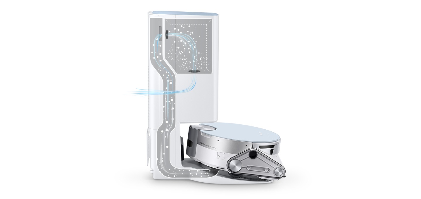 일체형 청정스테이션에 제트 봇이 도킹되어 있는 옆모습입니다. 청정스테이션의 내부 모습을 시각화하여 먼지가 스스로 빨려들어가는 모습을 연출하였습니다.