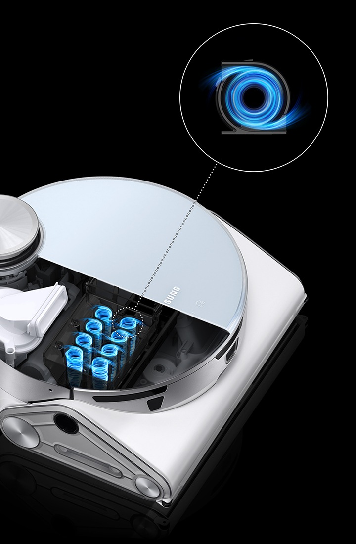 제트 봇을 위에서 대각선으로 바라본 모습입니다. 기기 상부의 반 정도를 엑스레이처럼 안이 들여다 보이게 연출하여 8개의 싸이클론 구조 흡입 모터를 표현하고 있습니다. 마치 소용돌이가 치는 듯한 모양으로 공기가 회전하는 듯한 효과를 표현했습니다. 