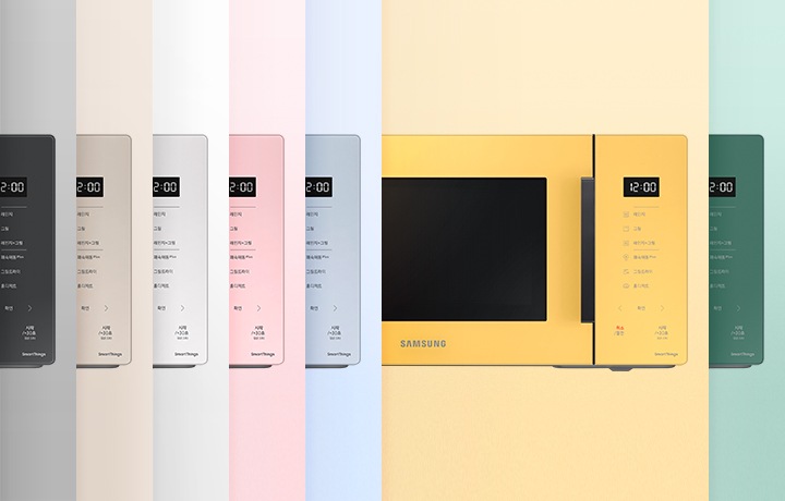 총 7개 컬러의 전자레인지가 각 색상 배경에 맞게 우측 일부분만 보여지도록 좌측부터 일렬로 배치되어 있으며, 그 중 6번째 BESPOKE 전자레인지 23L (스마트 쿡) 글램 썬 옐로우만 제품 정면이 80% 정도 보여지며 강조되어 있습니다.