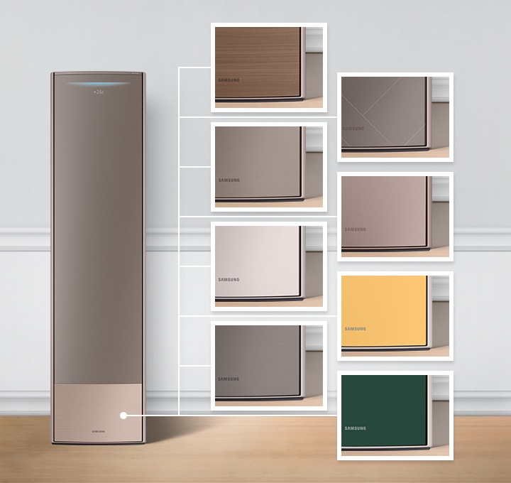 저체도 골드 패널의 에어컨 이 좌측에 놓여 있습니다. 우측엔 여러 컬러의 패널들이 보여집니다. 총 9가지 컬러의 에어컨 패널 색상이 보여지고 있습니다. 헤링본, 캔버스우드, 화이트, 브라운 메탈, 메탈, 다크메탈, 트러플 브라운, 썬 옐로우, 그리너리 색상이 있습니다.