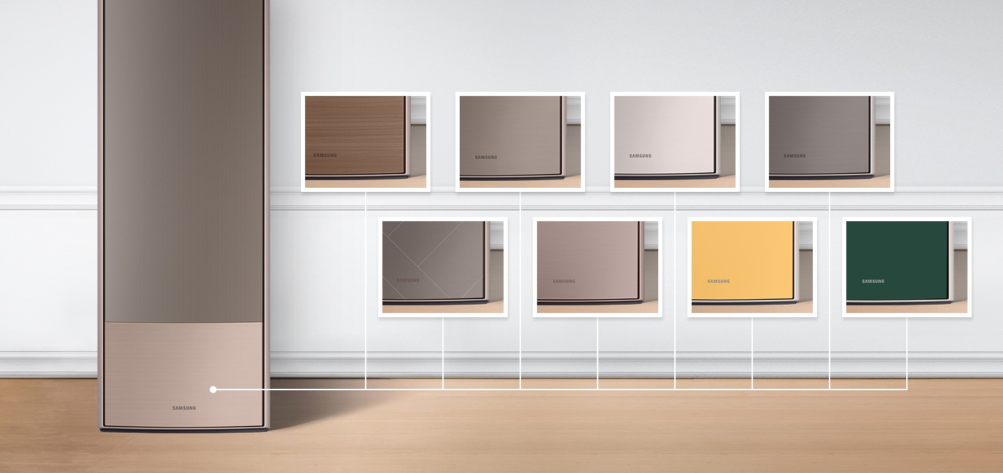 저체도 골드 패널의 에어컨 이 좌측에 놓여 있습니다. 우측엔 여러 컬러의 패널들이 보여집니다. 총 9가지 컬러의 에어컨 패널 색상이 보여지고 있습니다. 헤링본, 캔버스우드, 화이트, 브라운 메탈, 메탈, 다크메탈, 트러플 브라운, 썬 옐로우, 그리너리 색상이 있습니다.