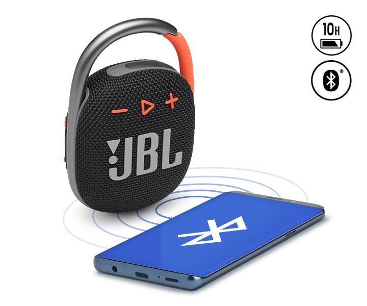 JBL CLIP 4 제품과 스마트폰이 연결되어 있는 이미지입니다.