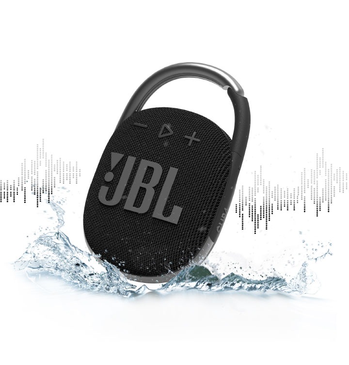 JBL CLIP 4 제품과 밑 쪽에는 물방울, 음파 모양이 있습니다.