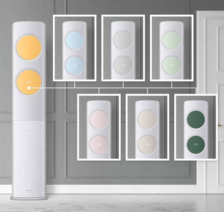 옐로우 색상의 패널이 끼워진 클래식 에어컨이 좌측에 놓여 있습니다. 우측엔 여러 컬러의 패널들이 보여집니다. 총 6가지의 색상이 보이며, 새틴그레이, 새틴 스카이 블루, 새틴 펀 그린, 새틴 핑크, 새틴 베이지, 그리너리 색상이 있습니다. 