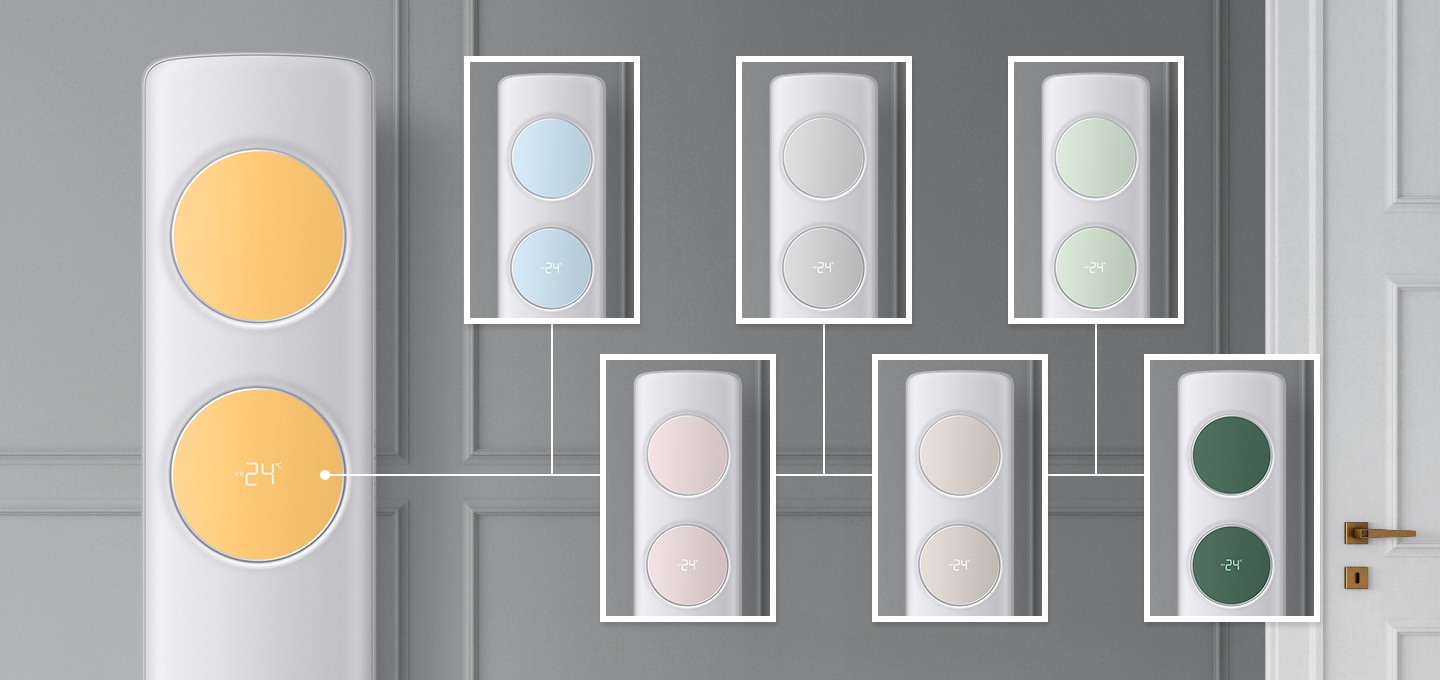 옐로우 색상의 패널이 끼워진 클래식 에어컨이 좌측에 놓여 있습니다. 우측엔 여러 컬러의 패널들이 보여집니다. 총 6가지의 색상이 보이며, 새틴그레이, 새틴 스카이 블루, 새틴 펀 그린, 새틴 핑크, 새틴 베이지, 그리너리 색상이 있습니다. 