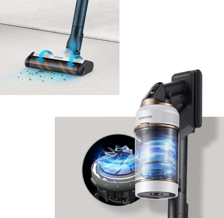 왼쪽에는 슬림해진 마루 브러시가 바닥을 청소하는 모습이 보이며, 오른쪽에는 가볍고 강력해진 디지털 모터의 흡입력을 강조한 이미지가 있습니다.