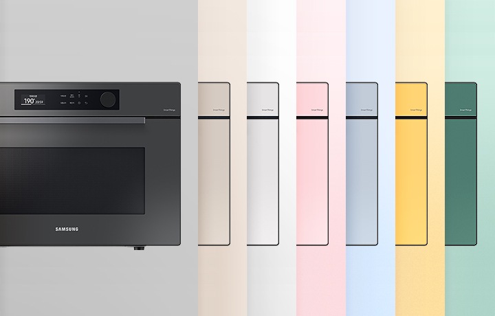 총 7개 컬러의 오븐이 각 색상 배경에 맞게 우측 일부분만 보여지도록 좌측부터 일렬로 배치되어 있으며, 그 중 1번째 BESPOKE 직화오븐 35L 글램 차콜만 제품 정면이 80% 정도 보여지며 강조되어 있습니다.