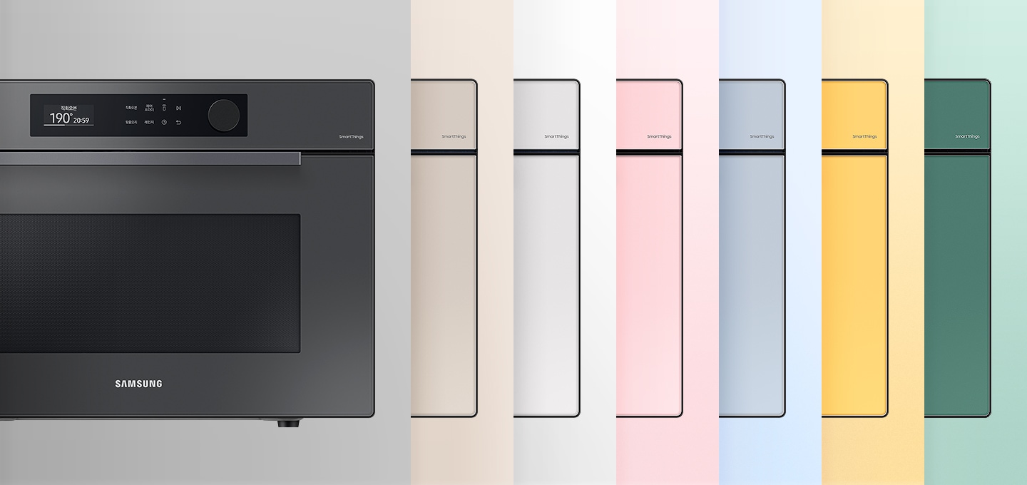 총 7개 컬러의 오븐이 각 색상 배경에 맞게 우측 일부분만 보여지도록 좌측부터 일렬로 배치되어 있으며, 그 중 1번째 BESPOKE 직화오븐 35L 글램 차콜만 제품 정면이 80% 정도 보여지며 강조되어 있습니다.