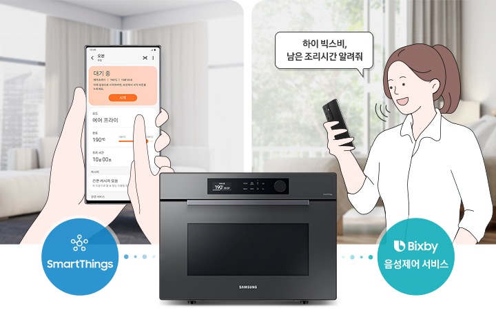 이미지 중앙 하단에는 Bespoke 직화오븐 35L 글램 차콜이 있고, 그 위로 좌측에는 파란색 원안에 SmartThings 로고가 우측에는 초록색 원안에 Bixby 음성제어 서비스 로고가 있습니다. 이미지 좌측에는 스마트폰을 들고 있는 손이 있으며, 화면안에는 MW5300A 제품 컨트롤 화면으로 대기 중인 상태와 전자레인지 모드 온도 700W 조리시간 10분으로 설정된 것을 알 수 있는 화면이 있습니다. 이미지 우측에는 스마트폰을 들고 있는 사람의 일러스트가 있고 일러스트 옆으로 하이 빅스비, 남은 조리시간 알려줘 라고 써진 말풍선이 있습니다.