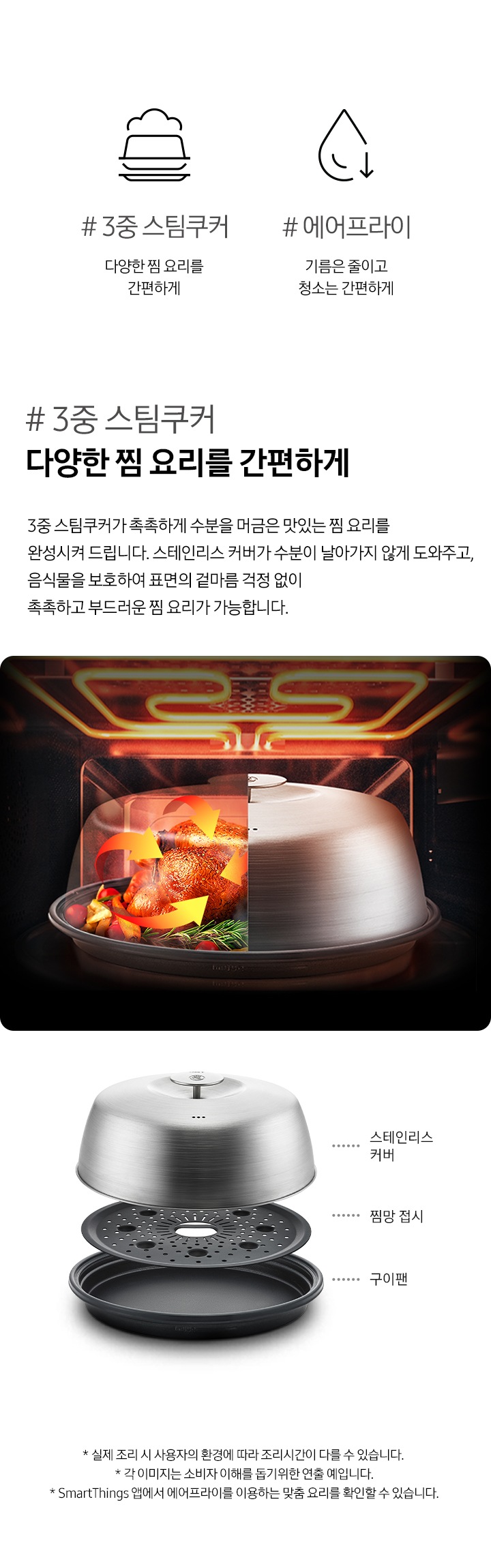 이미지 제일 상단에는 3중 스팀쿠커 모양의 아이콘과 #3중 스팀쿠커 다양한 찜 요리를 간편하게 라는 텍스트와 기름방울 모양옆에 아래로 향하는 화살표 모양의 아이콘과 #에어프라이 기림은 줄이고 청소는 간편하게 하는 텍스트가 있습니다. 그 아래에는 좌측으로 블랙 배경에 스티머가 있고 스티머의 반은 내부가 보이는 형태로 안에 들어있는 닭요리가 수분이 날아가지 않으면서 사면에서 골고루 오는 열기를 통해 보리됨을 표현해주고 있으며, 스티머 위로 오븐 내부 조리실 상단 열선이 켜진 상태로 조리 중임을 보여주는 이미지가 있습니다. 이미지 우측으로는 #3중 스팀쿠커 다양한 찜 요리를 간편하게 3중 스팀쿠커가 촉촉하게 수분을 머금은 맛있는 찜 요리를 완성시켜 드립니다. 스테인리스 커버가 수분이 날아가지 않게 도와주고, 음식물을 보호하여 표면의 겉마름 걱정 없이 촉촉하고 부드러운 찜 요리가 가능합니다. 라는 설명 아래로 스팀쿠커의 구성품 전체를 보여주는 사긴과 뚜껑 - 스테인리스 커버/내부접시 - 찜망 접시 / 하단팬 - 구이팬 이라고 명칭이 표기되어 있습니다. 이미지 제일 하단에는 * 실제 조리 시 사용자의 환경에 따라 조리시간이 다를 수 있습니다./*각 이미지는 소비자 이해를 돕기 위한 연출 예입니다./* SmartThings 앱에서 에어프라이를 이용하는 맞춤 요리를 확인할 수 있습니다. 라는 3개의 주의사항 문구가 있습니다.
