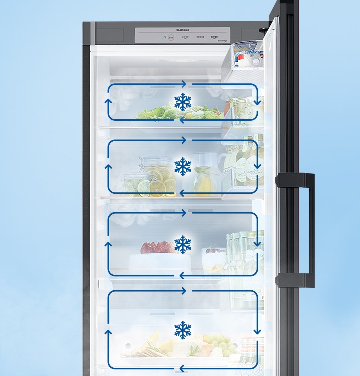 냉장고 문이 열려있으며, 안에 칸마다 음식이 놓여져 있습니다. 칸에 각각 멀티 냉각 시스템을 나타내는 인포그래픽이 보여집니다.