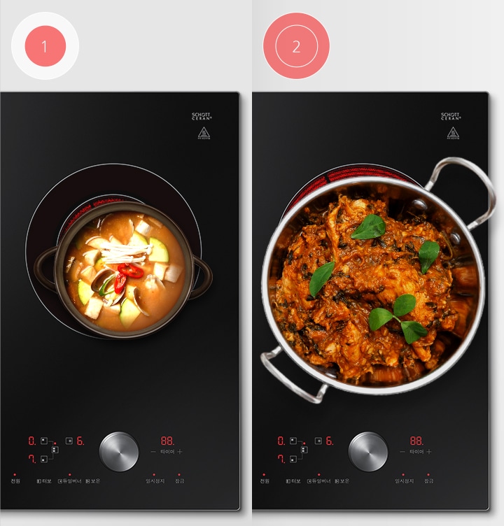 왼쪽에는 라디언트 안쪽 구에만 열이 들어온 모습의 아이콘과 아래 제품위에 작은 냄비가 올려져 음식이 조리되는 모습이 보여지고, 오른쪽에는 라디언트의 열선이 전부 들어온 모습의 아이콘과 아래 큰 냄비에 음식이 조리되고 있는 모습이 보여집니다.