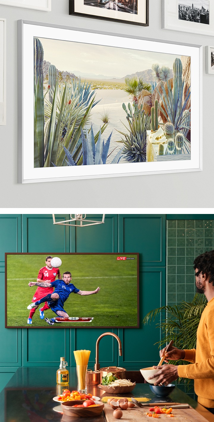 왼쪽 : TV가 벽에 액자처럼 걸려 있습니다. 스크린에는 선인장 모습이 보입니다. 오른쪽 : 주방에서 요리를 하면서 TV를 보고 있습니다. 스크린에서는 축구 경기가 보입니다.