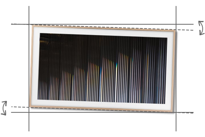 TV 이미지와 수평 , 수직 라인이 있습니다. TV 의 스위블 브라켓을 통해 각도를 회전할 수 있는 것을 보여주는 이미지입니다.