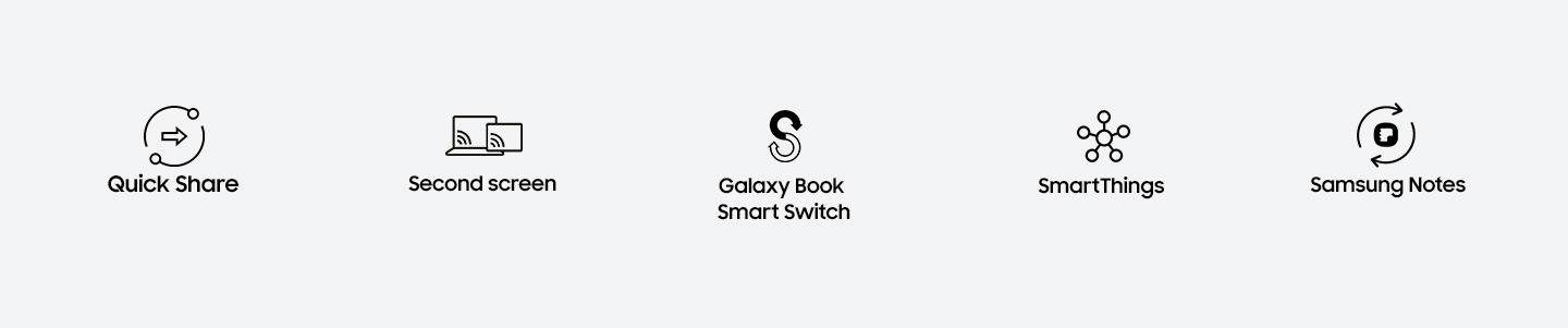 Quick Share, Second screen, Galaxy Book Smart Switch, SmartThings, Samsung Notes 를 연동하여 사용 할 수 있는 아이콘이 보입니다.