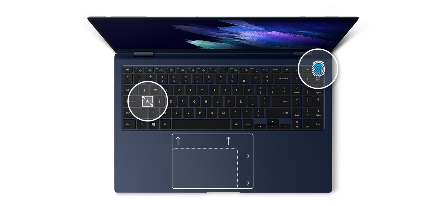 넓은 커브드 키 캡으로 정확하고 편안하게 타이핑할 수 있습니다. 대형 터치패드는 효율적인 작업을 돕죠. 지문 인식 키 덕분에 로그인도 안전하고 빠르게 할 수 있습니다.