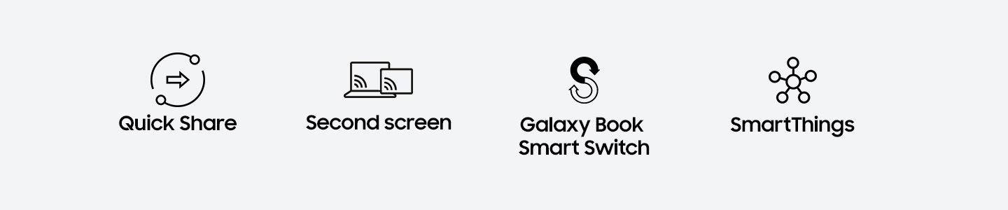 Quick Share, Second screen, Galaxy Book Smart Switch, SmartThings 를 연동하여 사용 할 수 있는 아이콘이 보입니다.